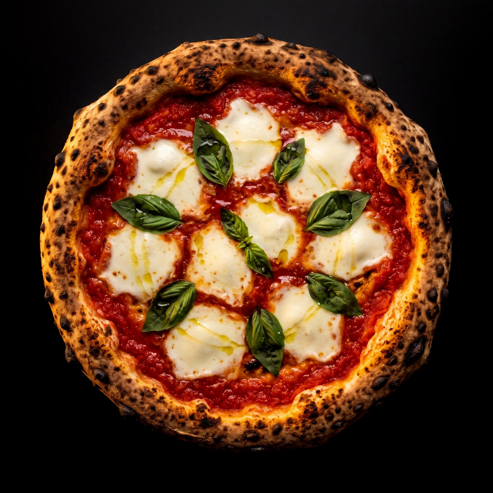 Nápolyi Margherita pizza felülnézetből — leopárdfoltos perem, bivaly mozzarella, friss bazsalikom