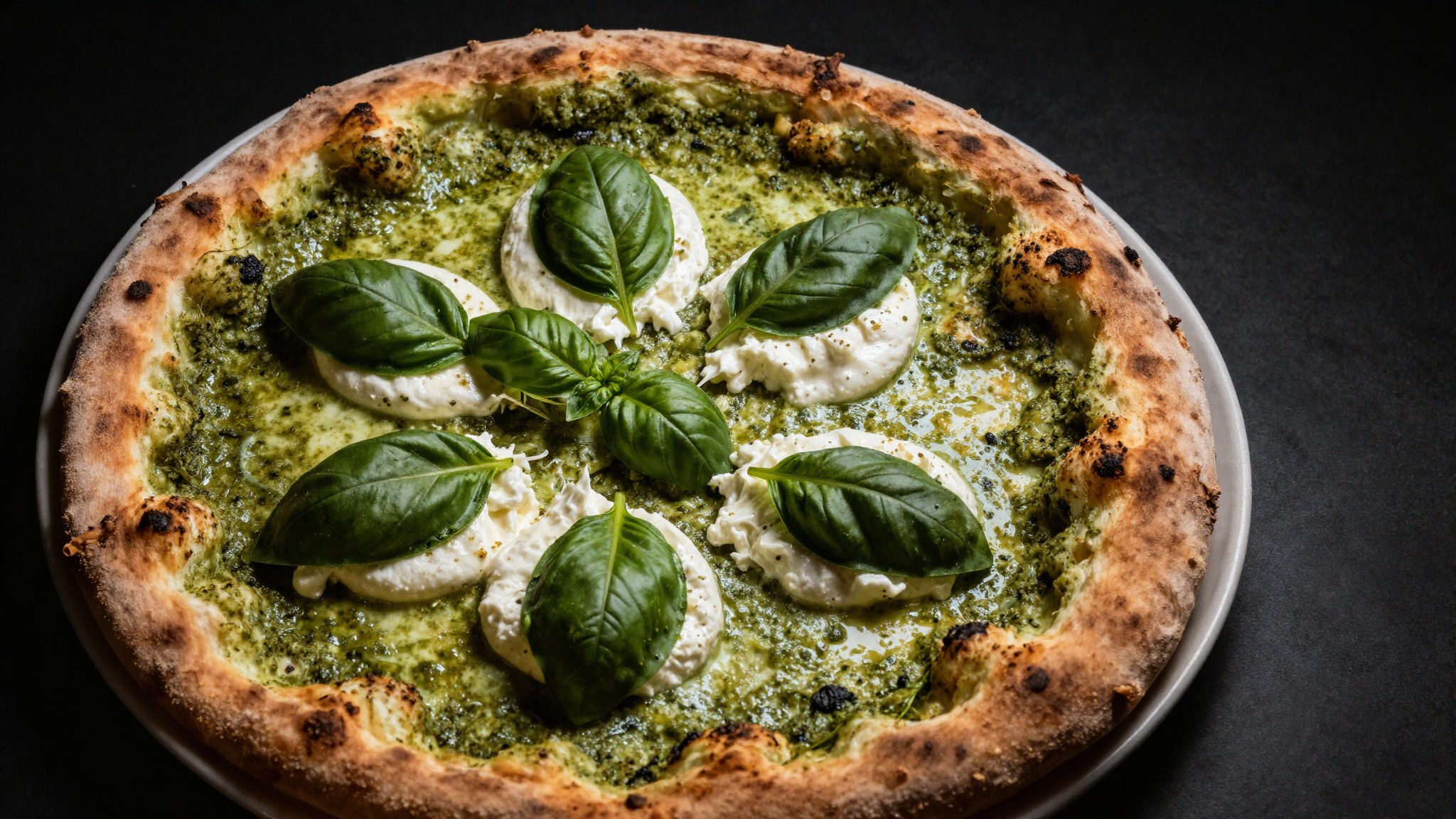 Samurai Pizza pizza pesztós alappal és burrata mozzarellával