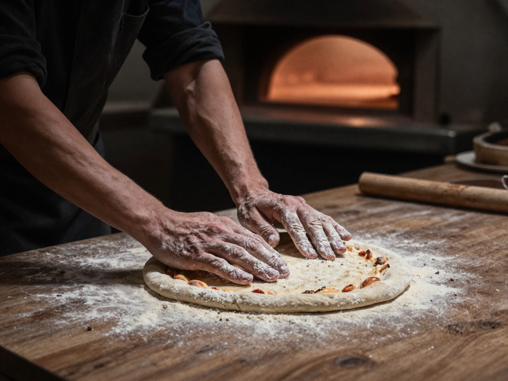 Pizzamester kezek tésztát gyúrnak lisztes fa munkalapon, háttérben fatüzelésű kemence