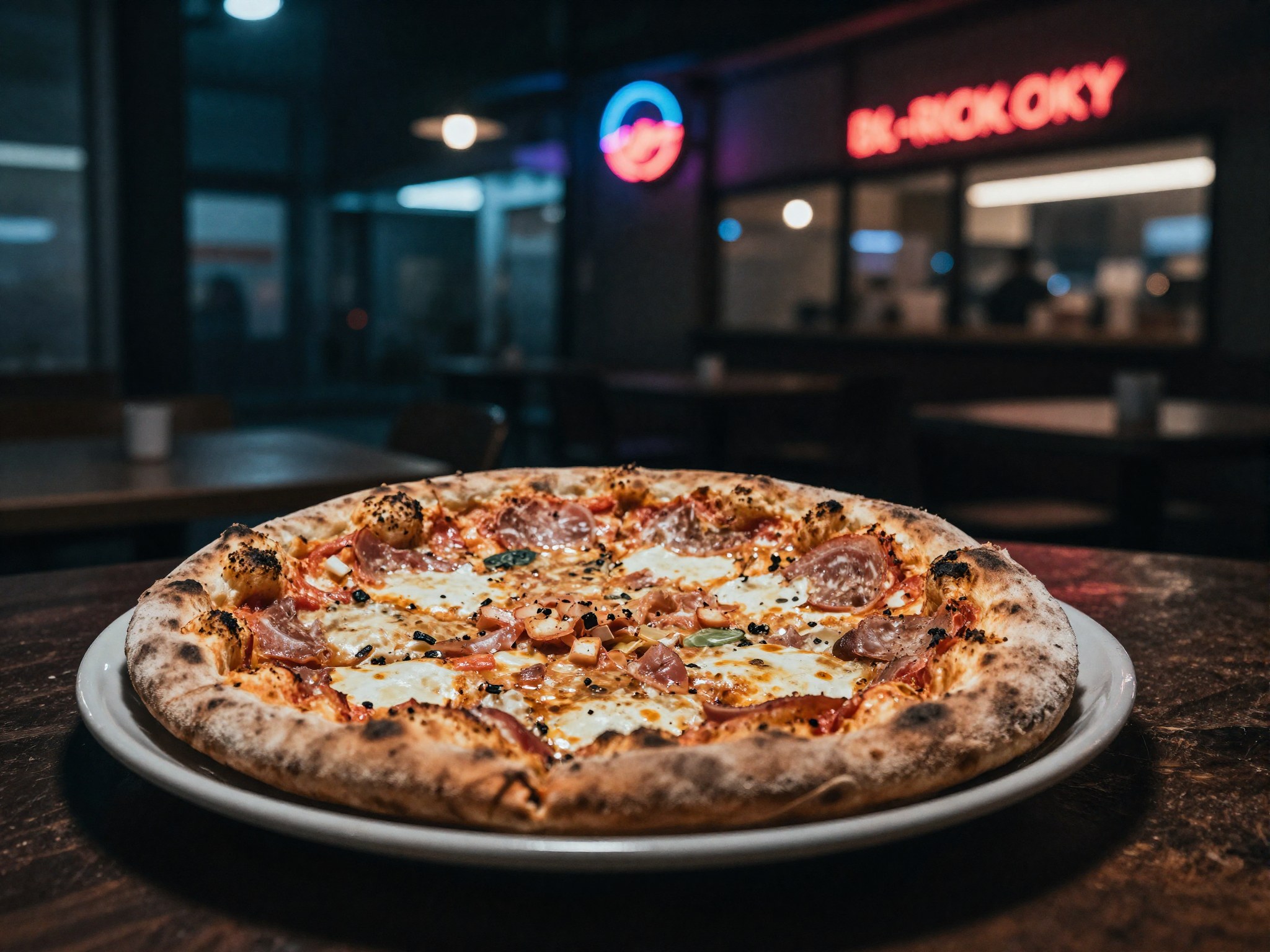 Pizza szelet és neonfények a pizzériában