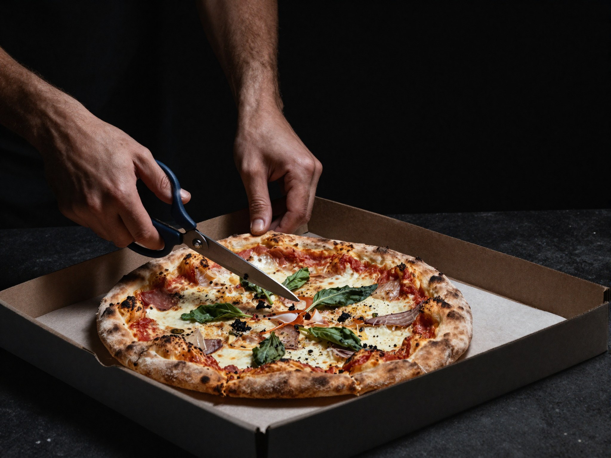 Pizza szeletelése ollóval a dobozban