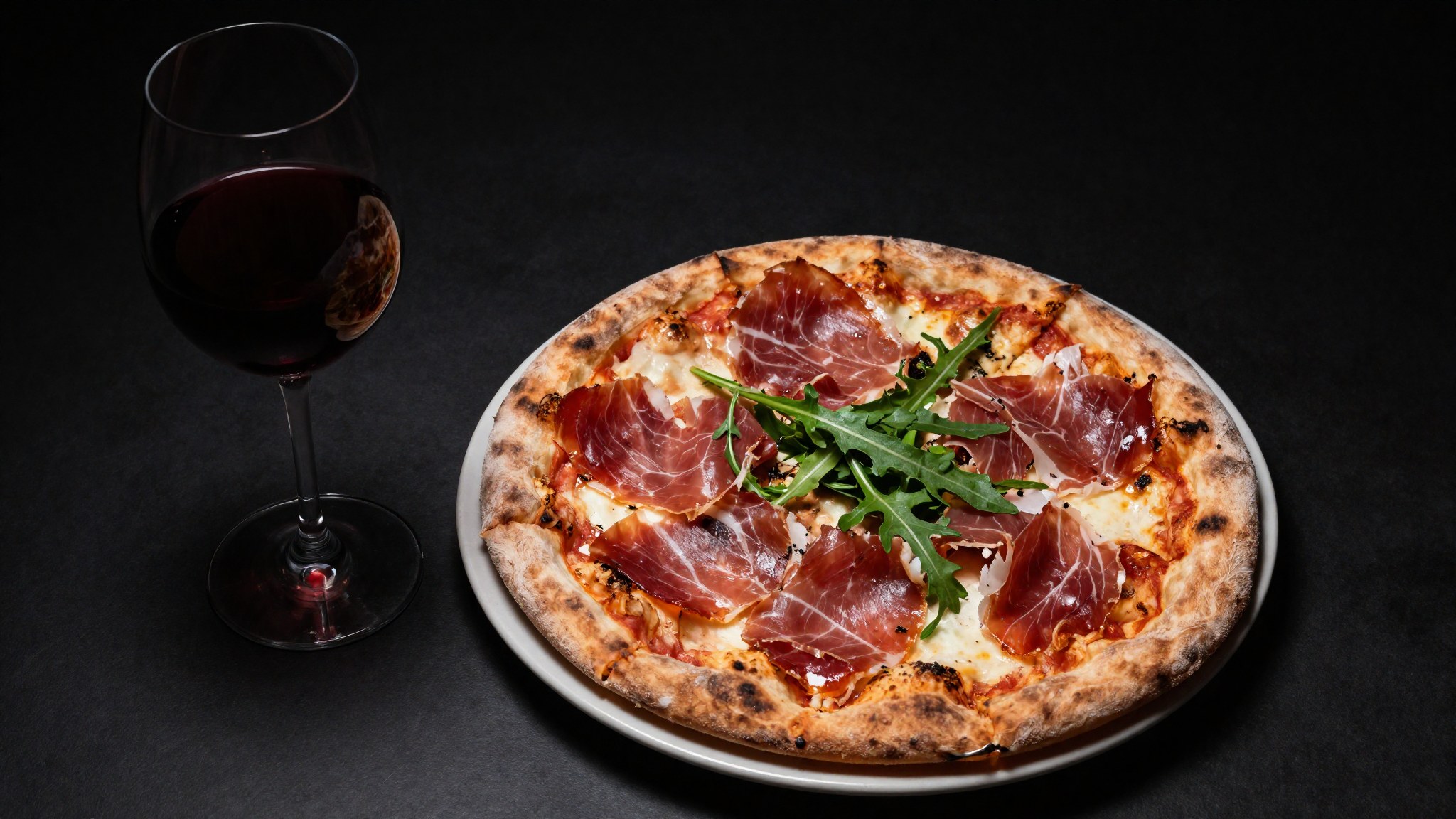 Prosciutto Crudo pizza vörösborral tálalva